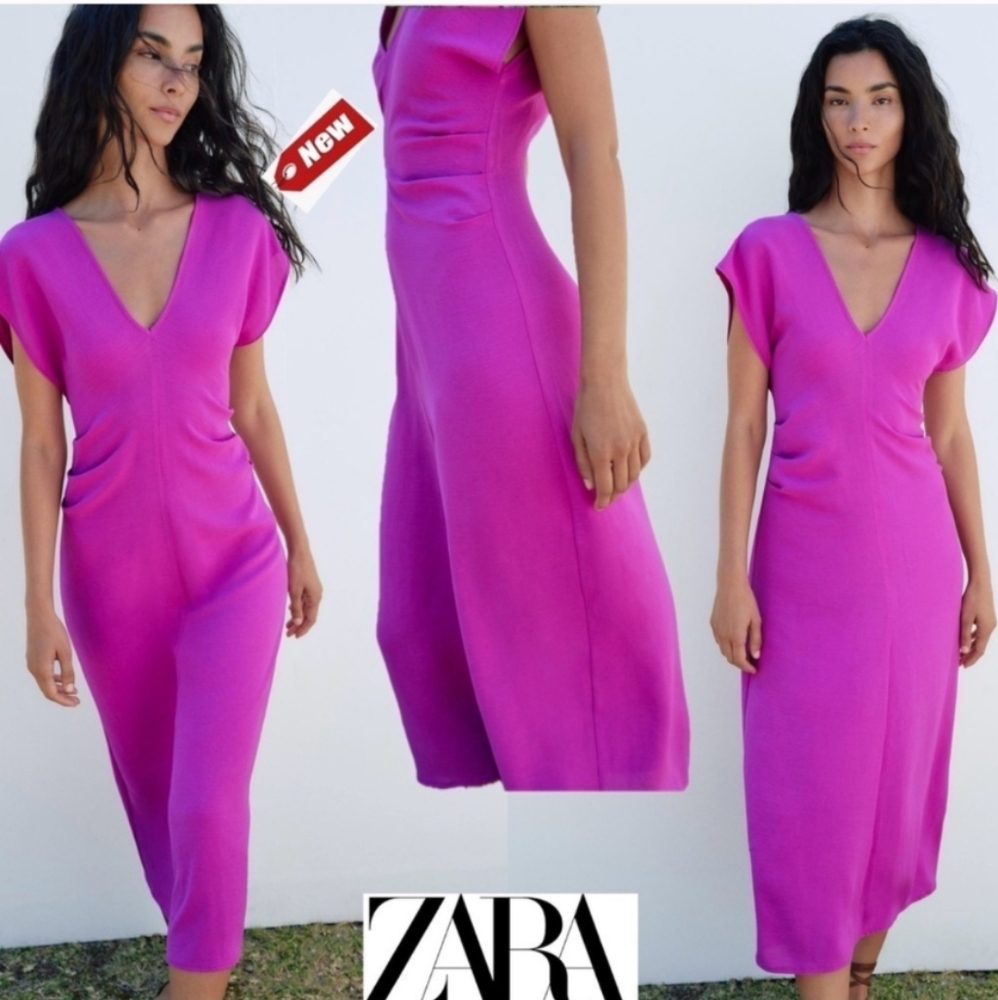Zara fuchsia purple flowy sleeveless gathered ruched V-neck midi dress Sz L NWT